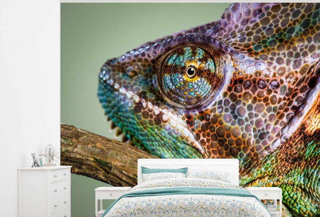 MuchoWow Fototapete für Wohnzimmer oder Schlafzimmer Wandtapete Vinyl Motivtapete Chamäleon - Camouflage - Äste - 375x300 cm - Tapezierpapier