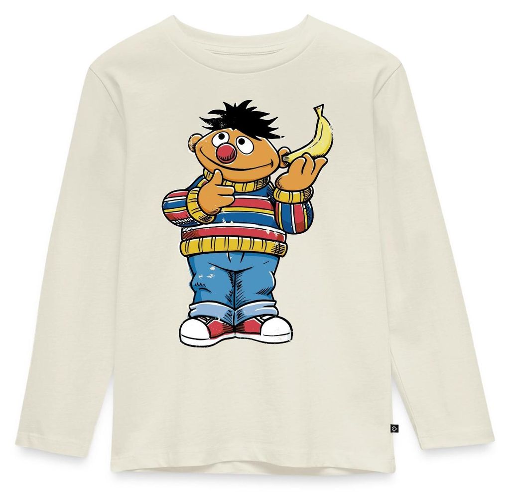 Spreadshirt Sesamstraße Ernie am Bananentelefon Kinder Premium Langarmshirt, 98/104 (2 Jahre), Naturweiß