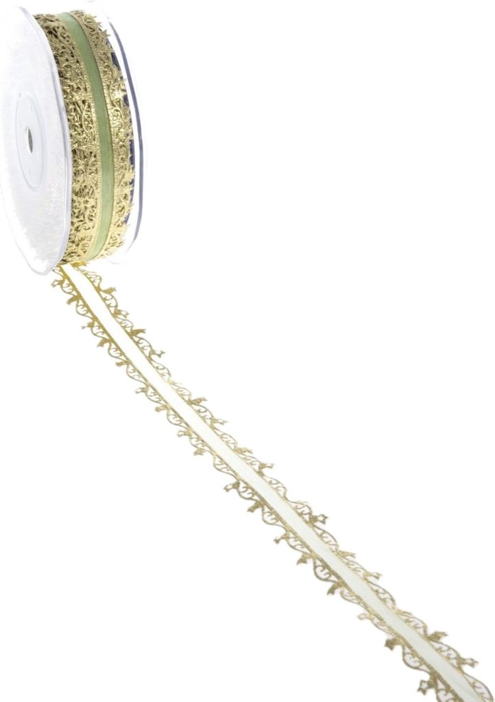Organzaband mit Sternchenkante - 23mm - 20m - Hellgrün-Gold - A18139-62