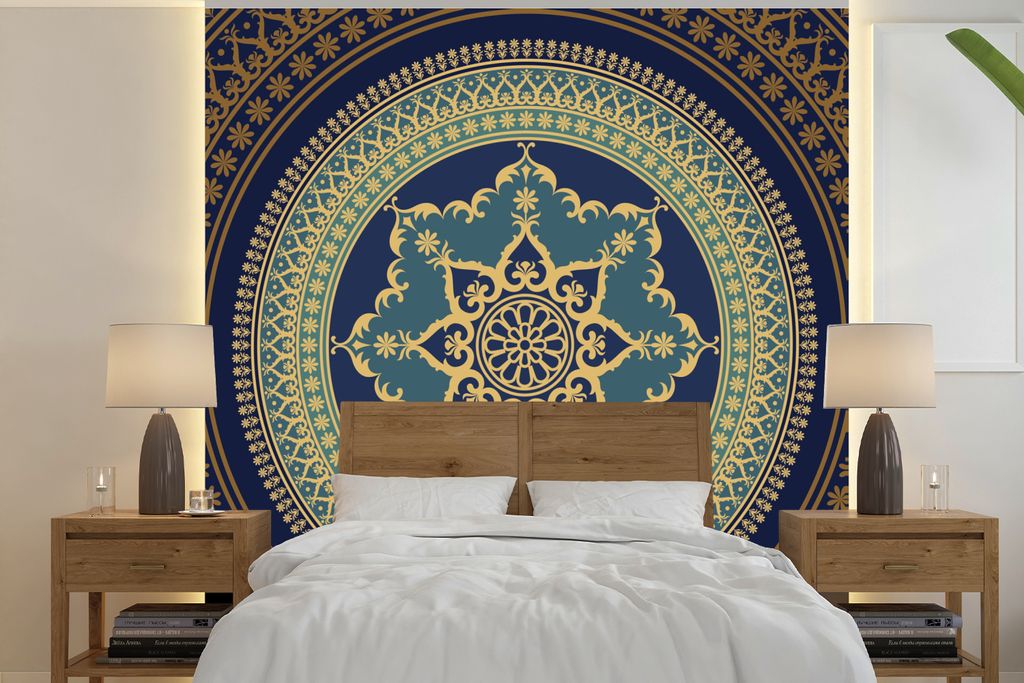 MuchoWow Fototapete für Wohnzimmer oder Schlafzimmer Wandtapete Vinyl Motivtapete Mandala altmodisch - 300x300 cm - Wanddekoration