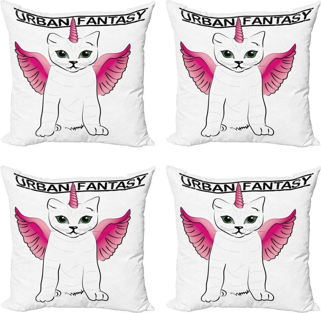 ABAKUHAUS Einhorn-Katze Kissenbezug Set (4 Stück), Städtische Fantasie-Kunst, Moderner Doppelseitiger Digitaldruck, 50 cm x 50 cm, Pink Schwarz