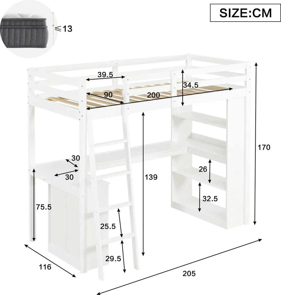 Chambre d'enfant rangée : lit surélevé sécurisé 90x200cm blanc