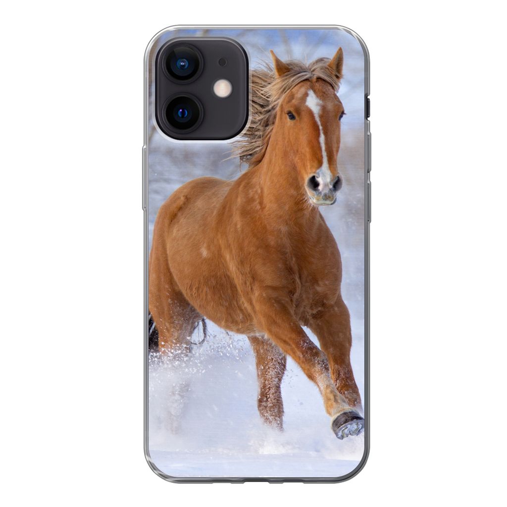 MuchoWow Handyhülle Schutzhülle Hülle für iPhone 12 Pferd - Schnee - Braun Silikon Softcase Handy Hülle - Schutzhülle