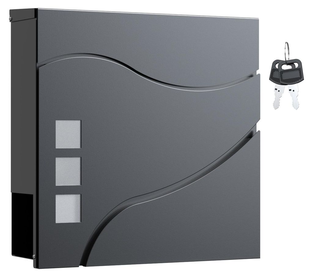 Wiltec Designer Briefkasten V28 Anthrazit 370 x 105 x 370 mm, Wandbriefkasten mit Schloss, Sichtfenstern und Zeitungsrolle, Postkasten aus pulverbe...