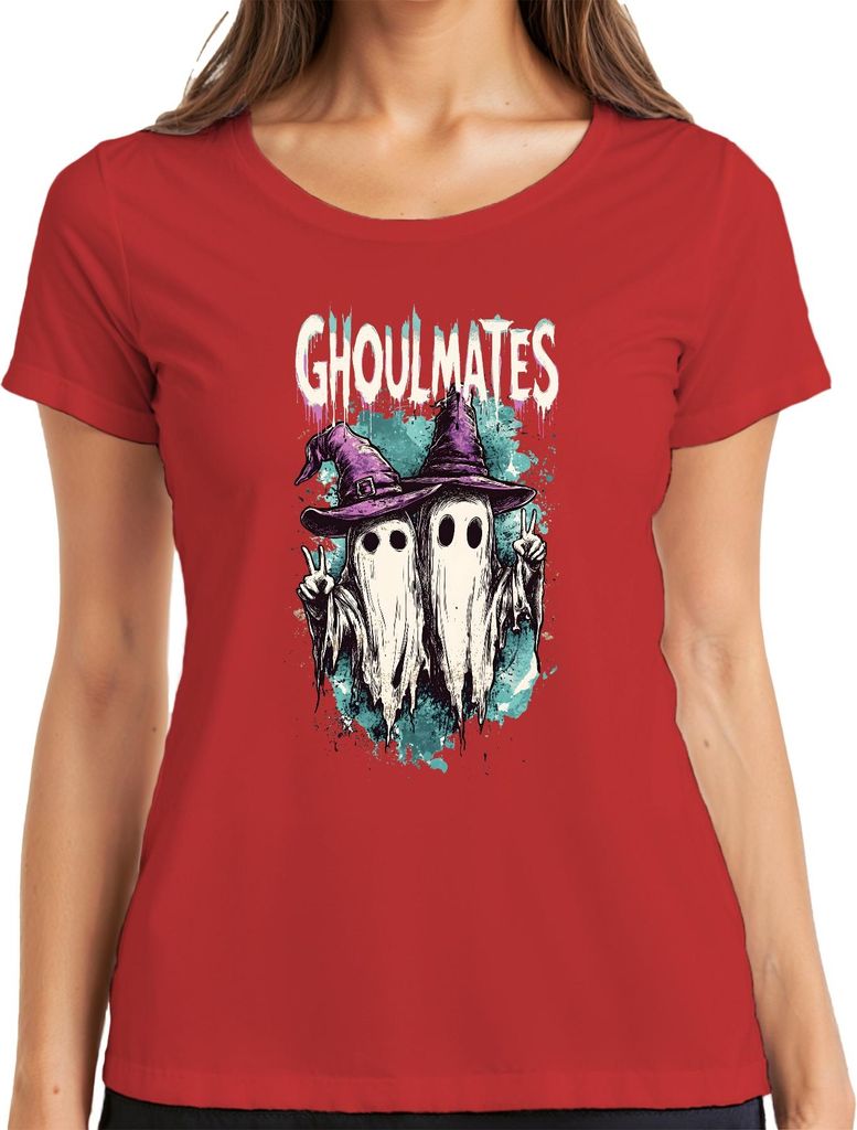 Ghoulmates Halloween Gespenster Geister Pärchen Hexenhut Vintage Damen T-Shirt, Rot, 3XL