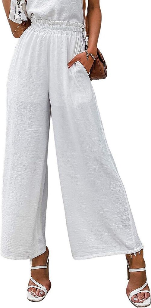 ASKSA Damen Hosen Sommer High Waist Weite Hose Plissee Hosenrock Sommerhose Freizeithose mit Tasche, Weiß, 3XL