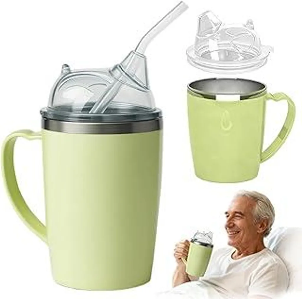 FARYODI Tazza con beccuccio 3 in 1 per anziani, tazza con beccuccio da 350 ml con manico e cannuccia da 30 cm, per adulti con disabilità, donne in gravidanza e anziani