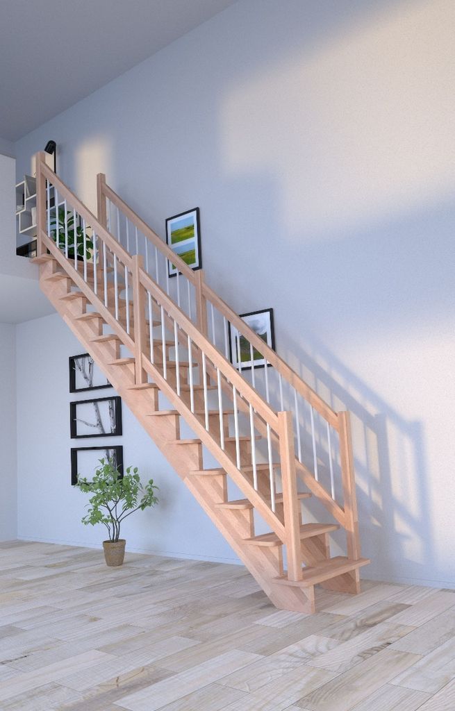 Holztreppe Lindos (Buche) in gerader Ausführung-80 cm-Holz-Edelstahl Geländer weiß-beidseitig-ohne Setzstufen