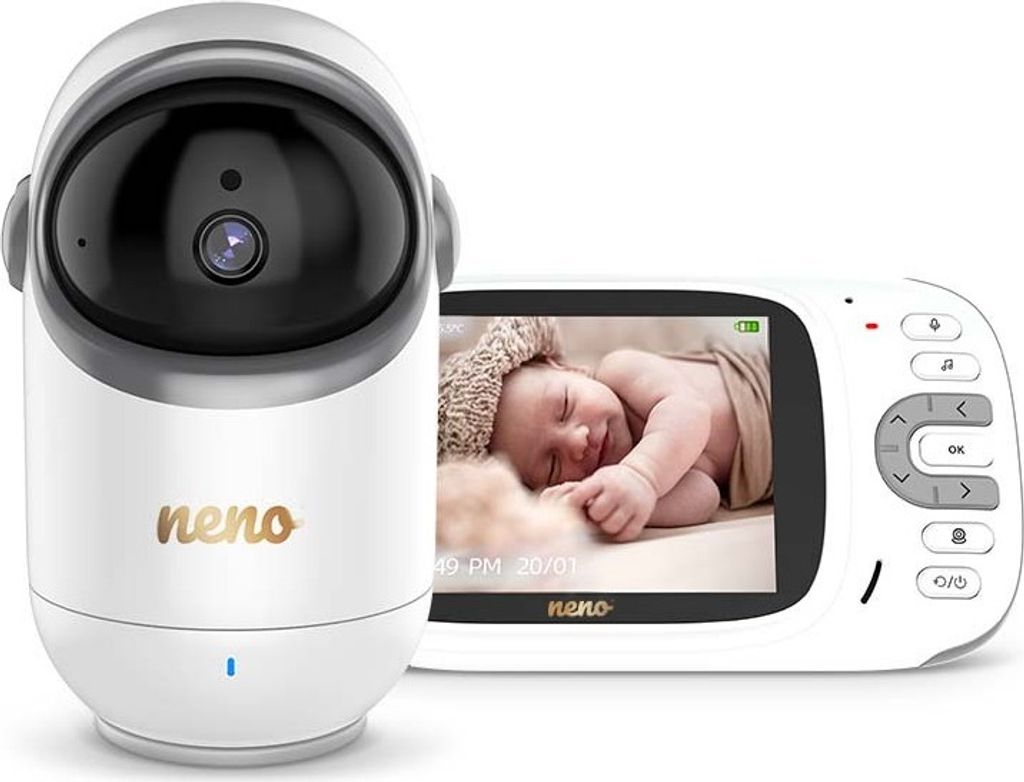 A white electronic baby monitor with a camera and a wireless receiver displaying a sleeping baby.