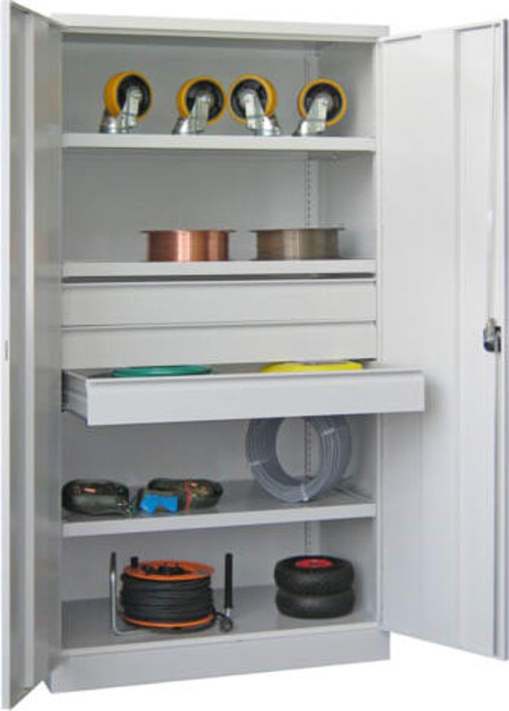 Schwerlastschrank - Vollblechtüren - 3 Böden - 4 Schubladen - 1.950x1.040x630 mm (HxBxT) - lichtgrau/feuerrot