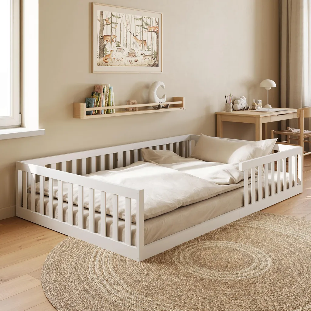 Lit enfant Montessori 120x200 Blanc avec barrière Kids Collective