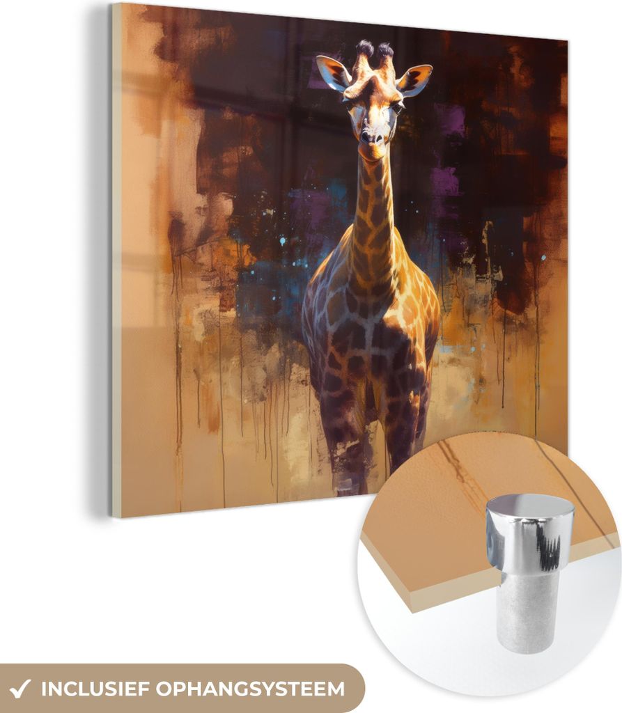 MuchoWow Glasbilder - Bilder auf Wandbild - Foto auf Glas Giraffe - Braun - Abstrakt - Gemalt 40x40 cm Wanddekoration aus Glas - Acrylglasbild - Ac...