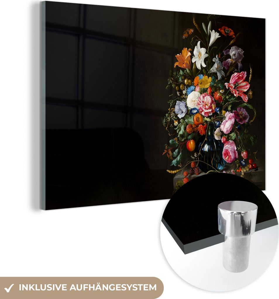 MuchoWow Glasbilder - Bilder auf Wandbild - Foto auf Glas Alte Meister - Kunst - Vase mit Blumen - Jan Davidsz de Heem 30x20 cm Wanddekoration aus ...