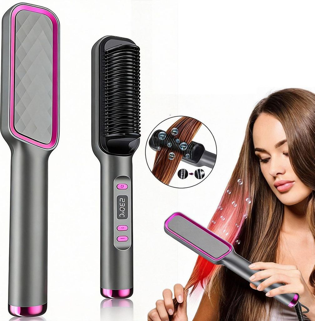 Professionelle 2-in-1 Glätt- & Lockenbürste, LCD, Negativ-Ionen, schnelles Aufheizen 30s, PTC-Heizelement, Anti-Frizz, Reise- & Haarschutz
