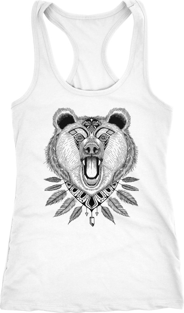 Damen Tank-Top Bär Boho Bear Zentangle Bohemian Atzec Federn Racerback Neverless weiß XS