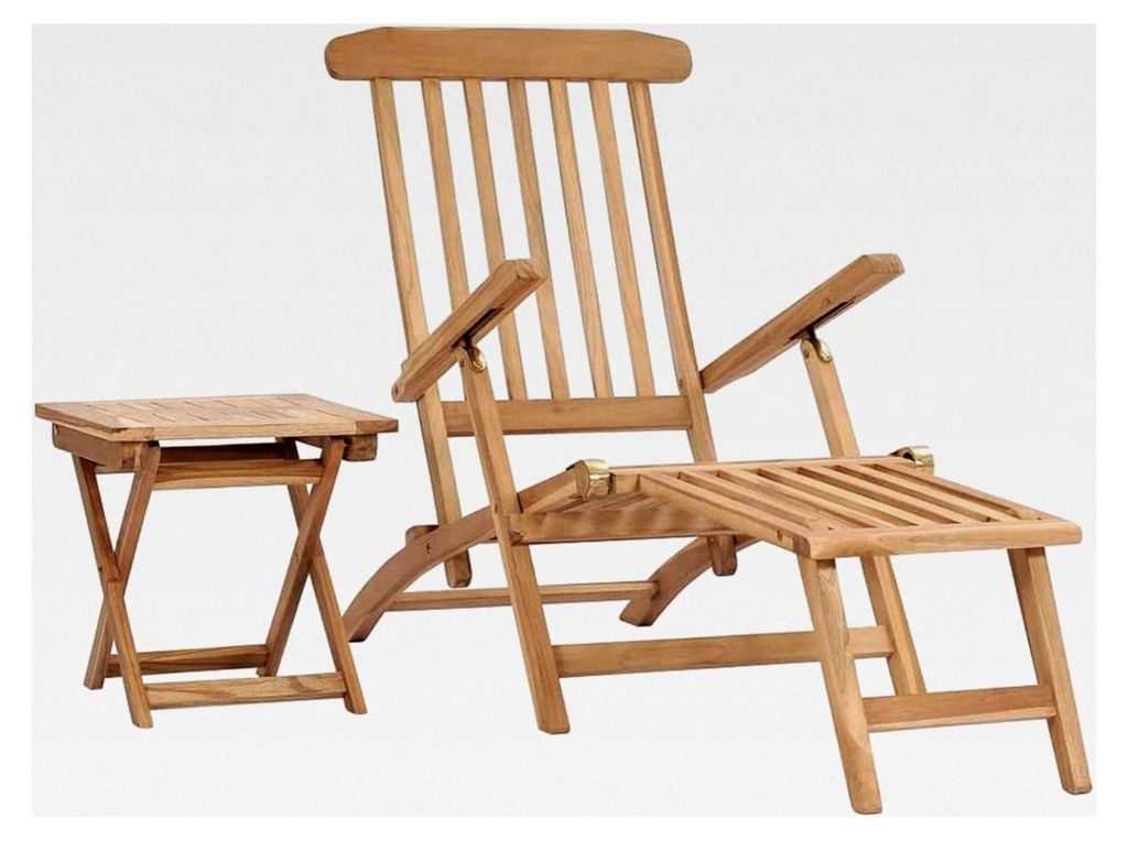 Teak Massiv Gartenliegestuhl mit Fußstütze und klappbarem Tisch