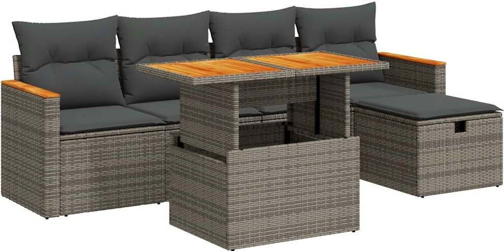 Gartenmöbel-Set, 6-tlg. Loungesofa mit Stauraum, verstellbarem Couchtisch, Fußhocker, aus grauem Poly Rattan und Stahl, UV-beständig, 110 kg Tra...