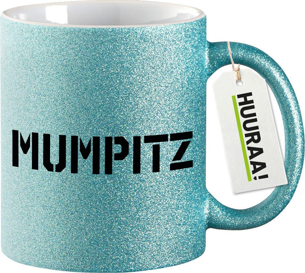 Huuraa Glitzertasse Mumpitz Schriftzug 330ml Blau Keramik Kaffeebecher Geschenkidee