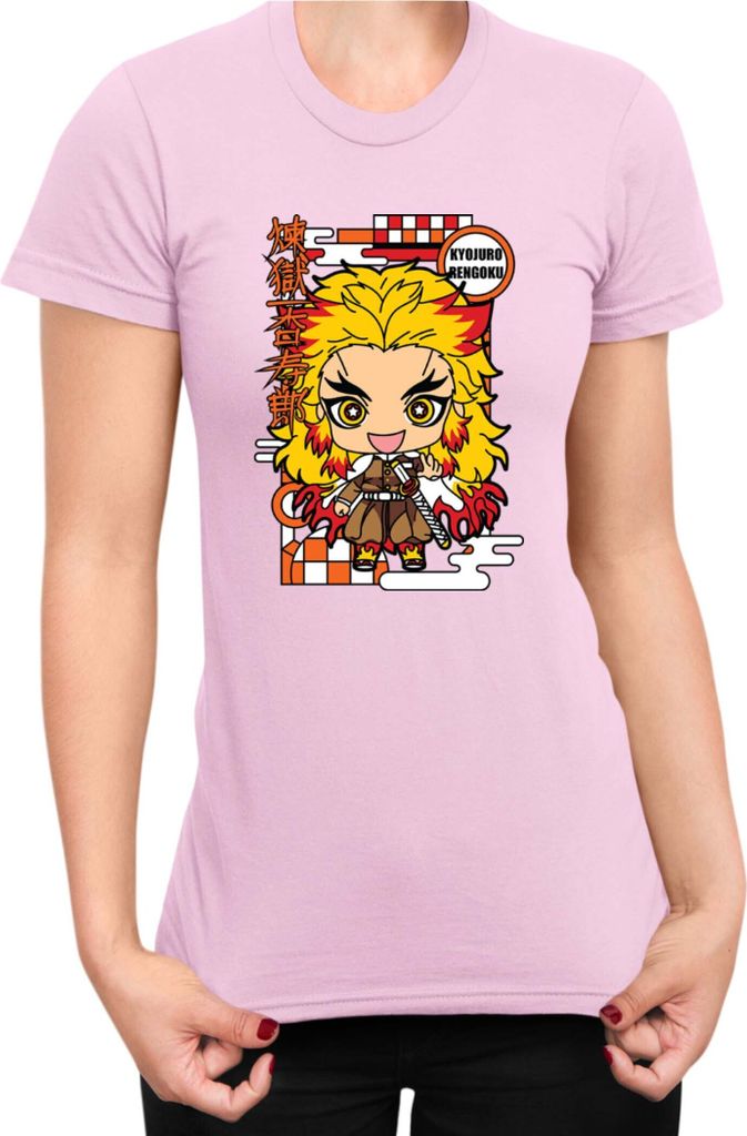 Damen T-Shirt Demon Anime Slayer Kimetsu No Yaiba Chibi Kyojuro Rengoku, Lady XS / Hellrosa