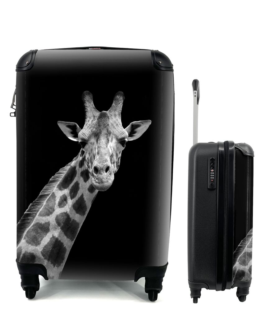 MuchoWow Koffer Handgepäck Trolley Rollkoffer Kleine Reisekoffer mit 4 Rollen - Giraffe - Wildtiere - Schwarz - Weiß - Porträt - Cabin Size < ...