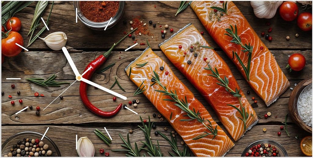 Wanduhr aus Glas mit Motiv Lachsfilets- 60 x 30 cm - inkl. Aufhängesystem