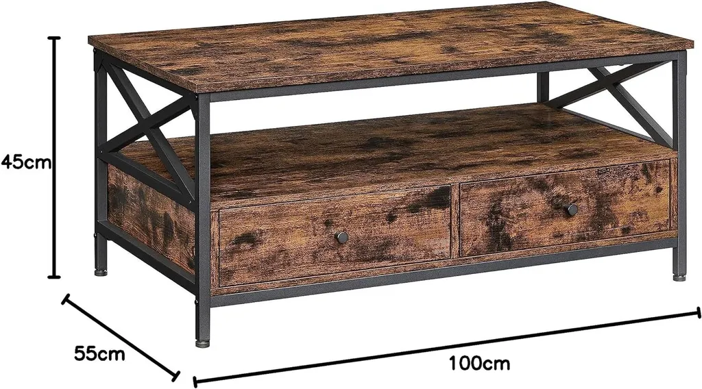 Table Basse avec Tréteaux en X et Double Tiroir de Rangement 100cm - 3