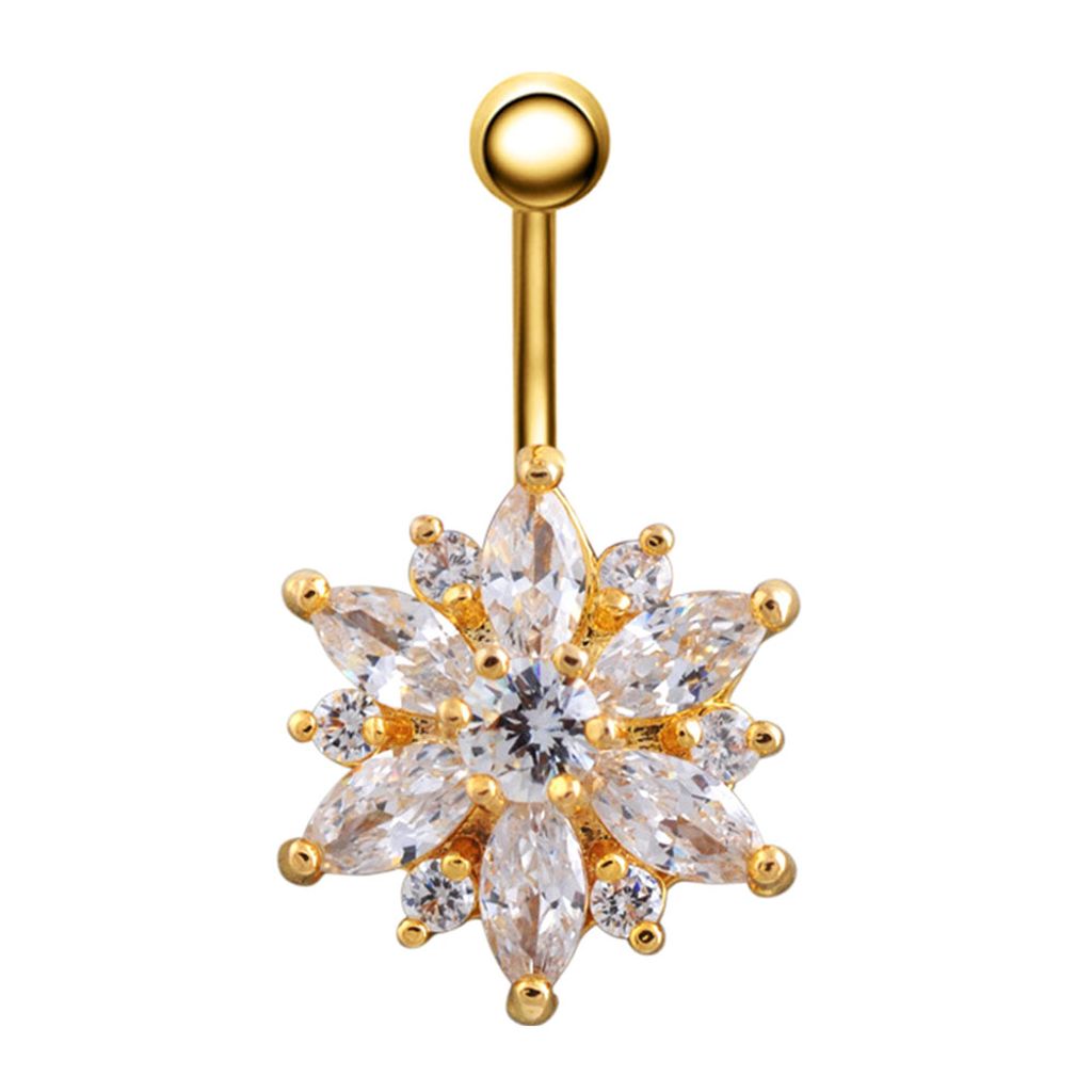 Bauchnabelpiercing für Damen, mit Strasssteinen, eingelegte Blumen, Bauchnabelpiercing, Schmuck, Geschenk-Gold + Weiß