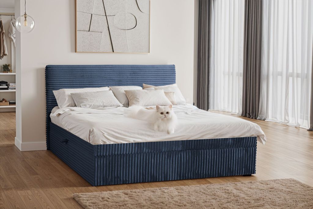 Kaiser Möbel Boxspringbett mit bettkasten und topper TRENTO, ohne Bein stoff Plüsch Cord 160x200 cm Dunkelblau H3