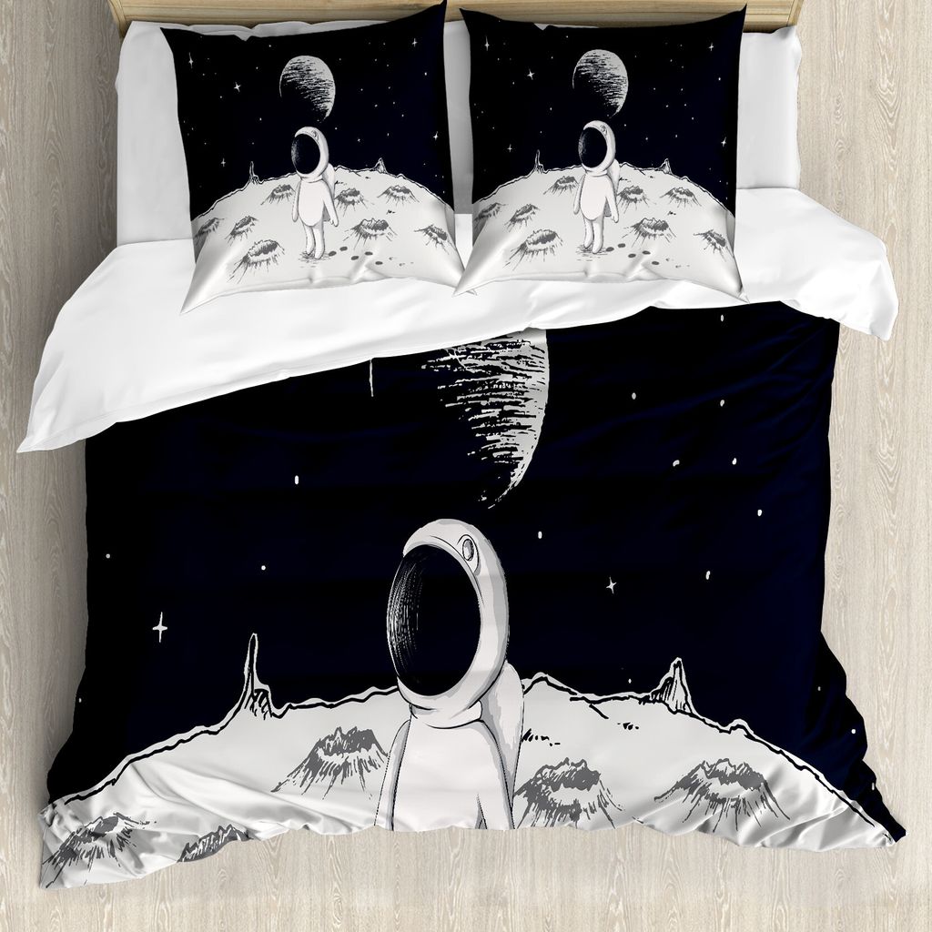 ABAKUHAUS Astronaut Bettbezug, Space Kinder glücklich, Milbensicher Allergiker geeignet mit Kissenbezügen, 200 cm x 200 cm - 80 x 80 cm, Schwarz-...