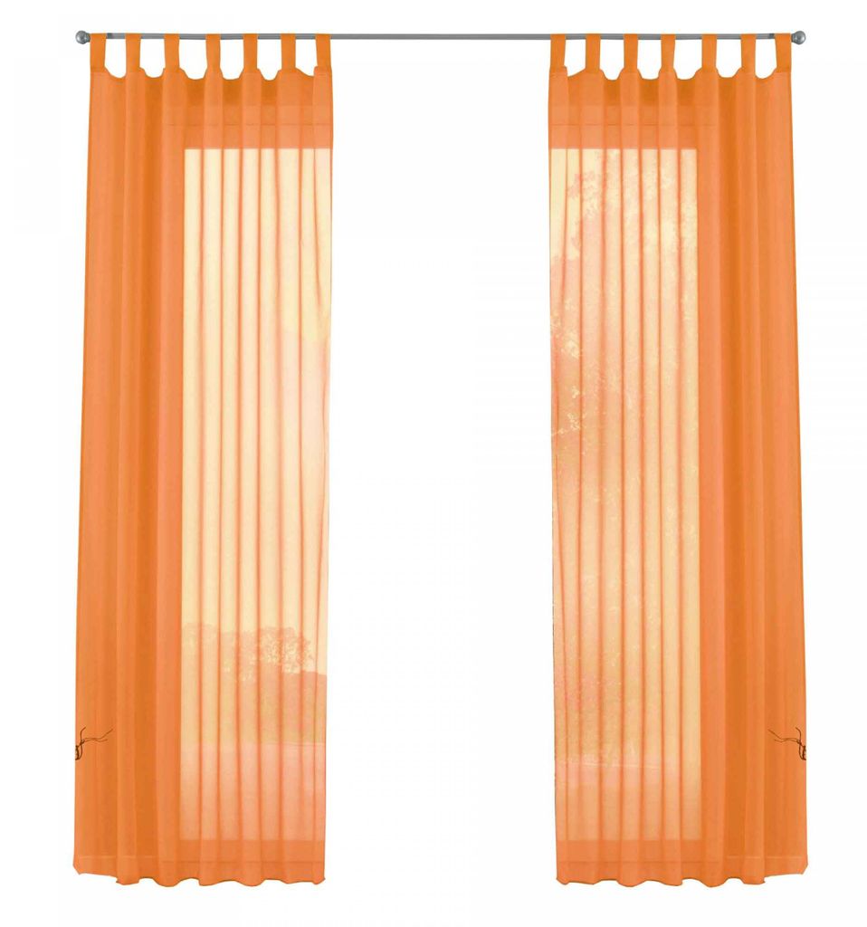 Two orange sheer curtains hanging from a rod.