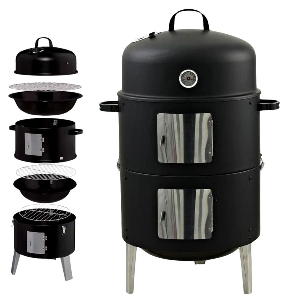 RS 400 - Smoker zum Grillen – 3-in-1 Holzkohlegrill mit Deckel zum Räuchern, Grillen und Garen (Wasserschale, 2 Grillroste, Räucherhaken, Tempe...