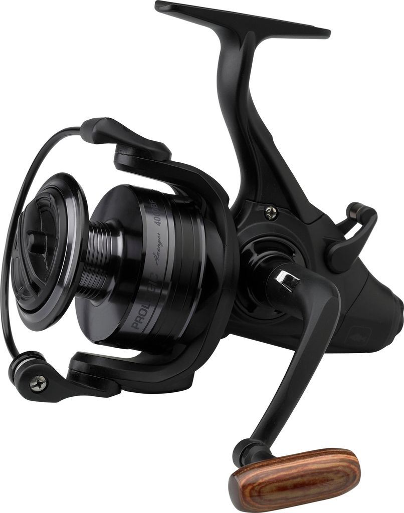 A black fishing reel with a wooden handle is shown against a white background.