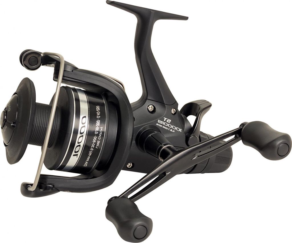 A black fishing reel is shown against a white background.