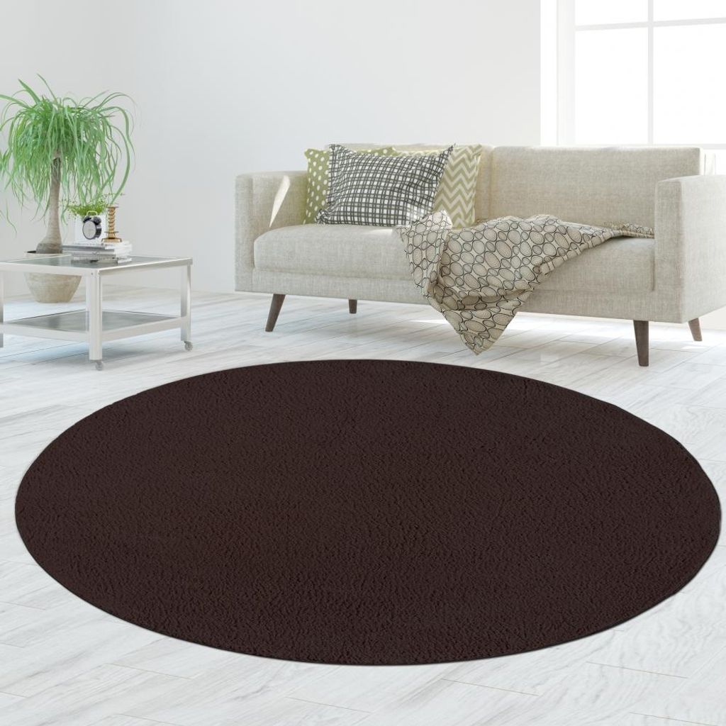 Hochflor Teppich Weich leicht zu pflegen robust Wohnzimmer Schlafzimmer in Braun Größe - 120 cm Rund