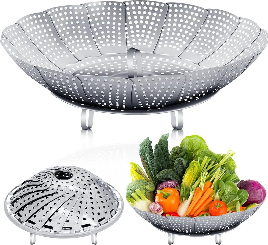 27 cm großer Dampfgaraufsatz aus Edelstahl, faltbar, verstellbar, rutschfeste Füße, kompatibel mit allen Herdarten