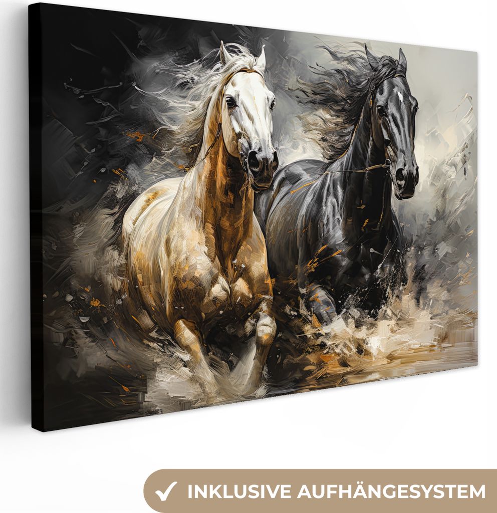 MuchoWow - Leinwandbilder - Pferde - Schwarz - Weiß - Tiere, Wandbild, Wanddeko Bilder Wohnzimmer, 120x80 cm