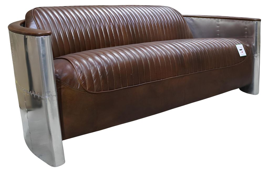 Echtleder Sofa Leder Designsofa 3-Sitzer Vintage Couch Aluminium Flugzeug Metall