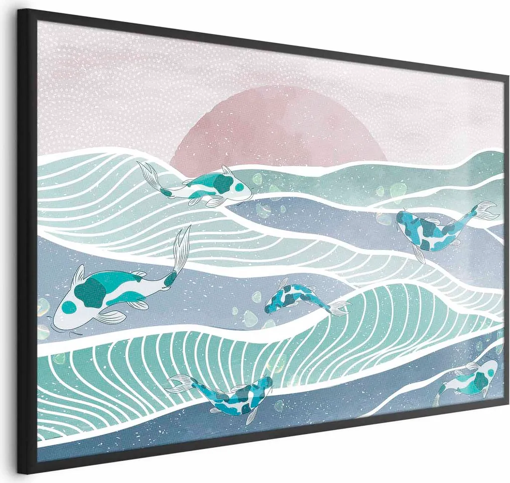 Poster Arte Giapponese Pesce e Onde 60x40 - Cornice Nera Inclusa