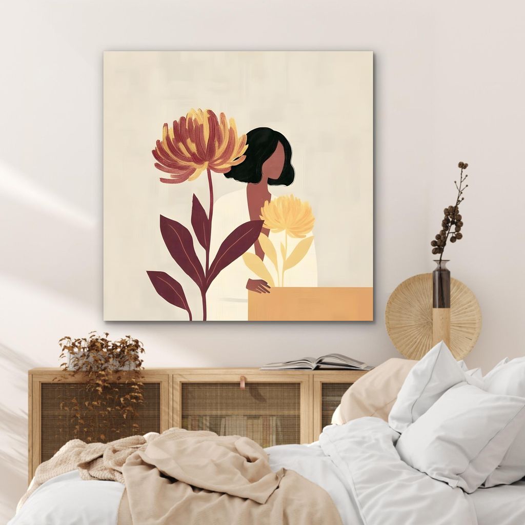 MuchoWow Wanddekoration Metall Metallbild Wandkunst 90x90 cm Frau - Minimalistisch - Blume MuchoWow Aluminium Gemälde - Dekoration - Industrial - ...