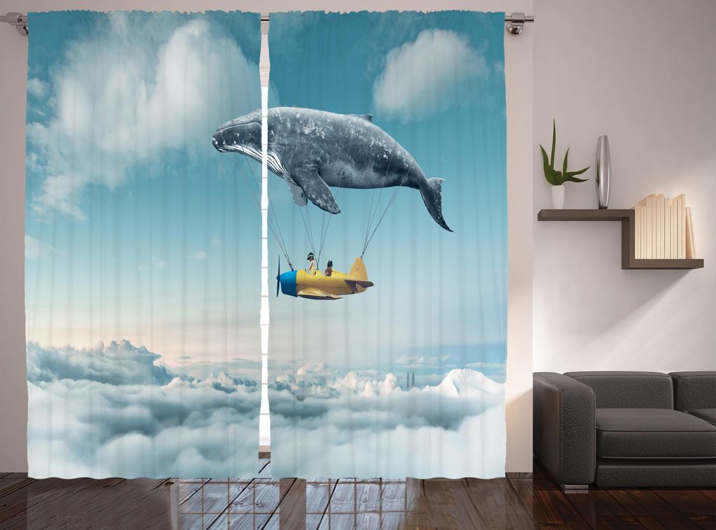 ABAKUHAUS Fisch Rustikaler Gardine, Verträumter Blick Whale Wolken, Schlafzimmer Kräuselband Vorhang mit Schlaufen und Haken, 280 x 245 cm, Blass...