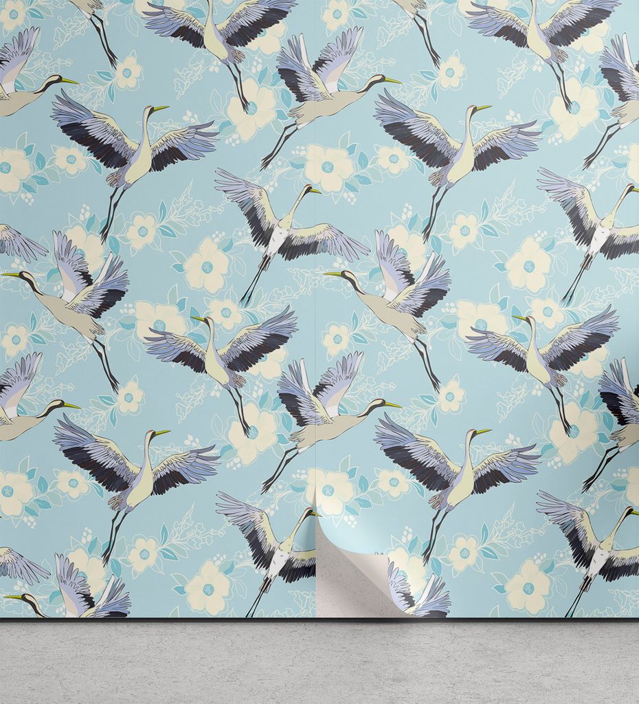ABAKUHAUS Vogel abziehbare & klebbare Tapete für Zuhause, Kontinuierliche Flug Crane Floral, selbstklebendes Wohnzimmer Küchenakzent, 33 cm x 250...