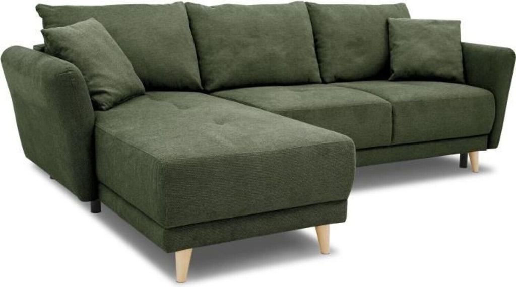 3- bis 4-Sitzer, wendbares, umwandelbares Ecksofa aus olivgrünem Stoff mit Aufbewahrungsbox – 244 x 158 x Höhe 95 cm