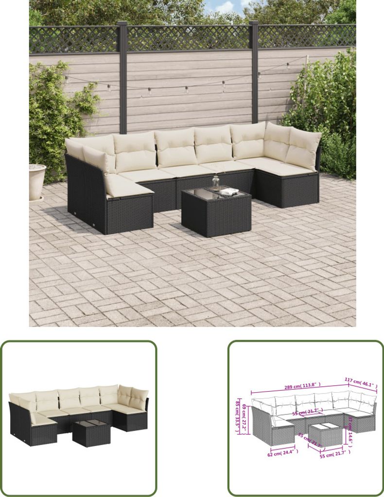 The Living Store 8-tlg. Garten-Sofagarnitur mit Kissen Schwarz Poly Rattan