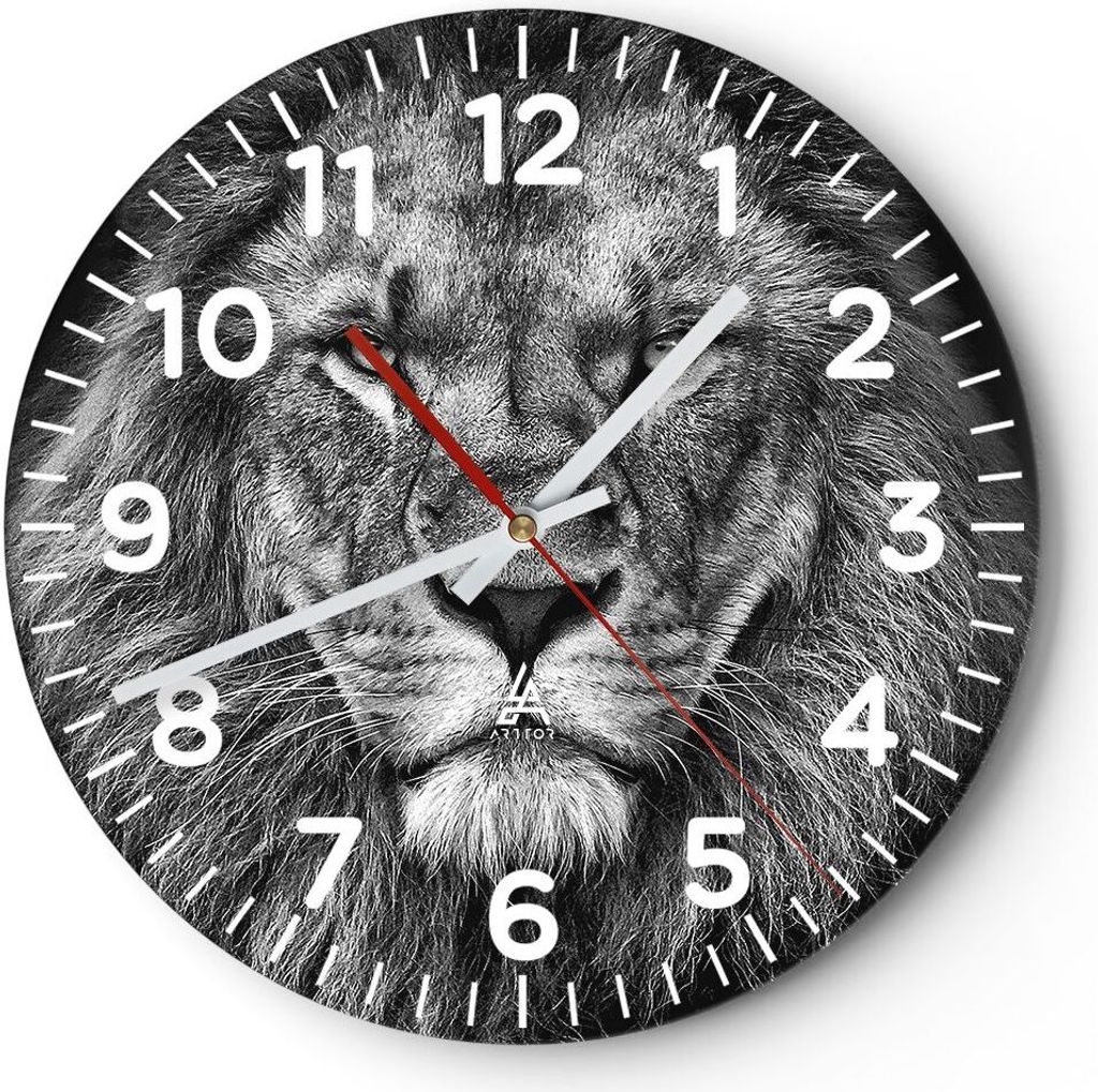 Wanduhr - Rund - Glasuhr - Porträt Löwe Schwarzweiß - 30x30cm - Schleichendes Uhrwerk - Lautlos - zum Aufhängen bereit - Dekoration Modern - Wa...