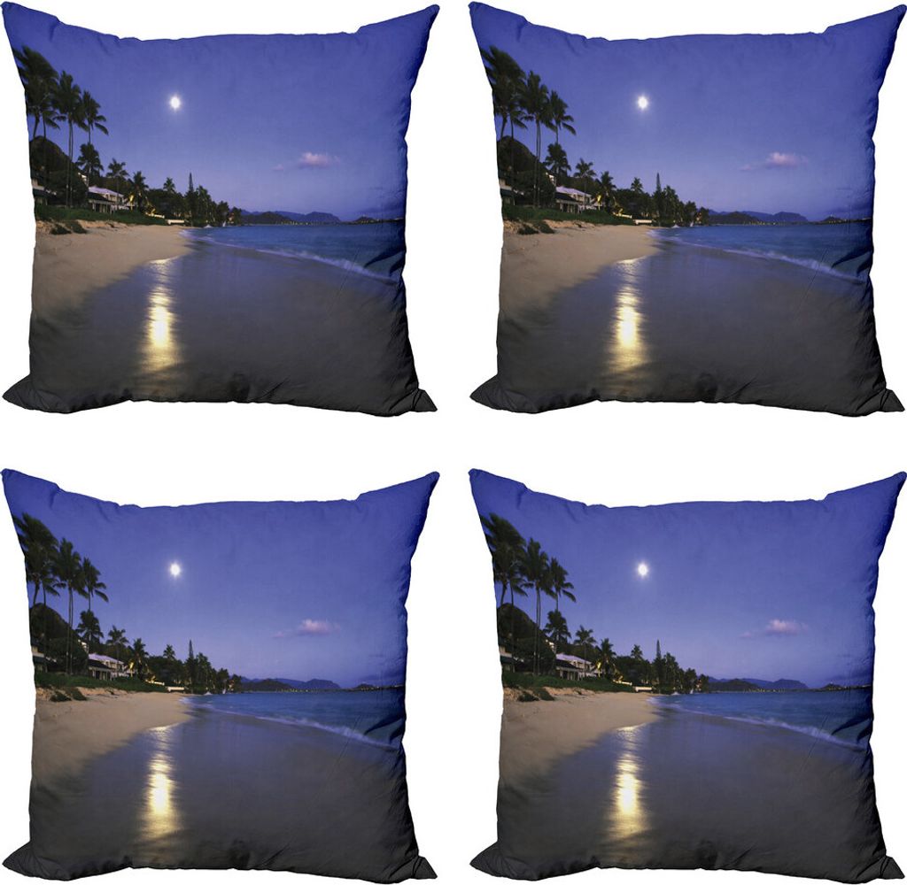 ABAKUHAUS hawaiisch Kissenbezug Set (4 Stück), Moonlight Hawaii Sea, Moderner Doppelseitiger Digitaldruck, 45 cm x 45 cm, Navy Sand