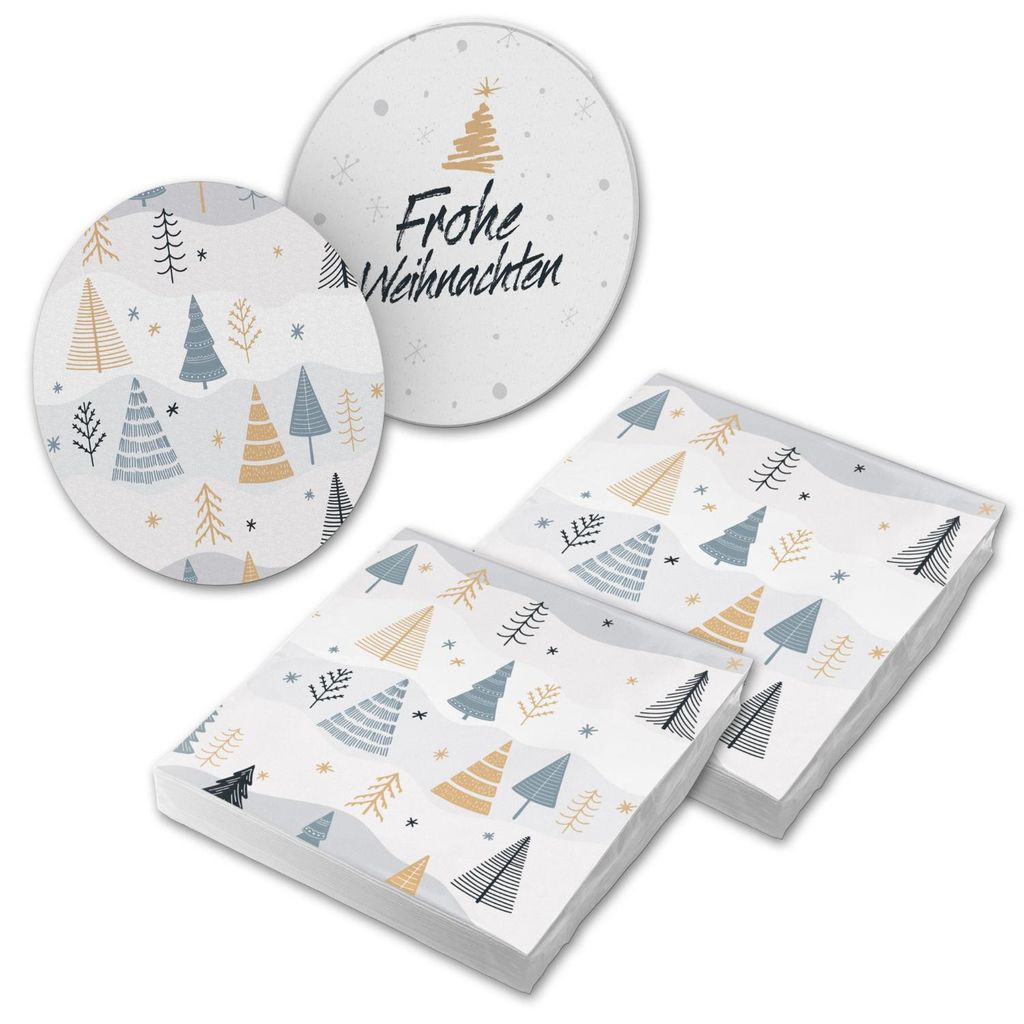 itenga 40x Serviette Weihnachten Bäume mit 40x Bierdeckel Set