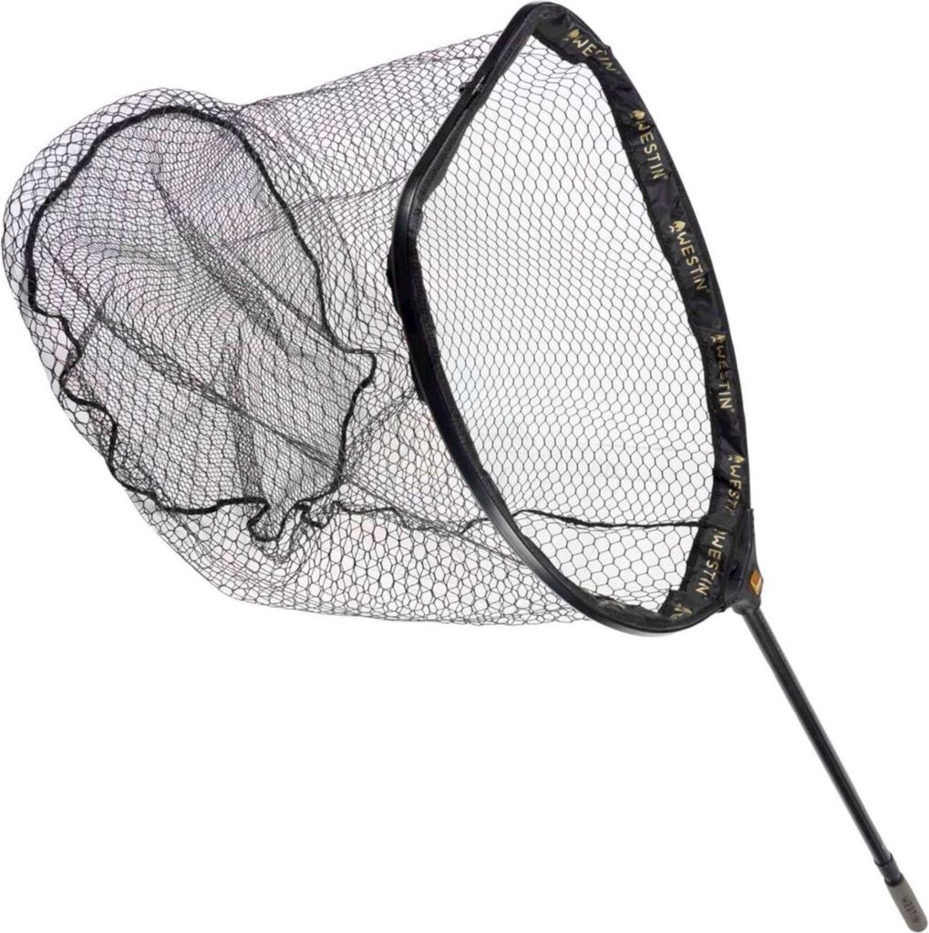 A black fishing net with a handle, isolated on a white background.