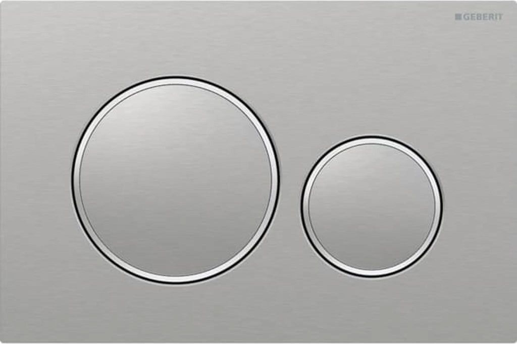 A close-up, front-facing view of a Geberit Sigma20 flush plate with two circular buttons.