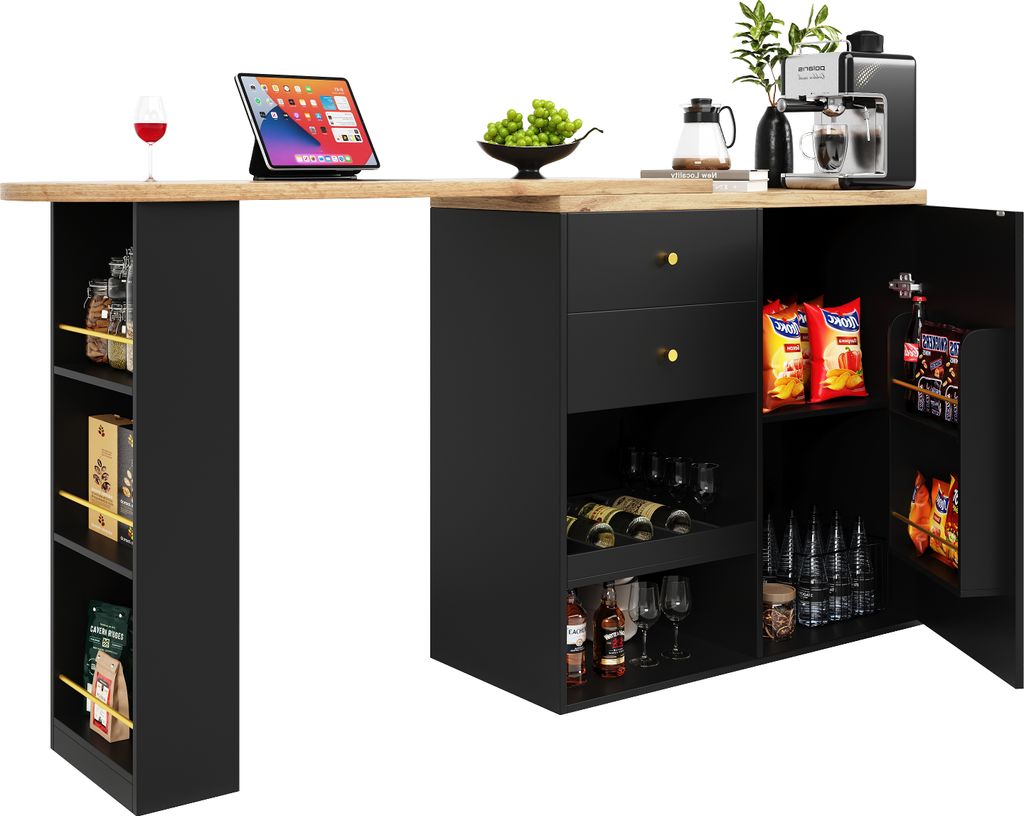 Abrihome 360° Drehbarer Bartisch Esszimmertisch, Stehtisch mit 2 Schubladen und Schrank, Schwarz