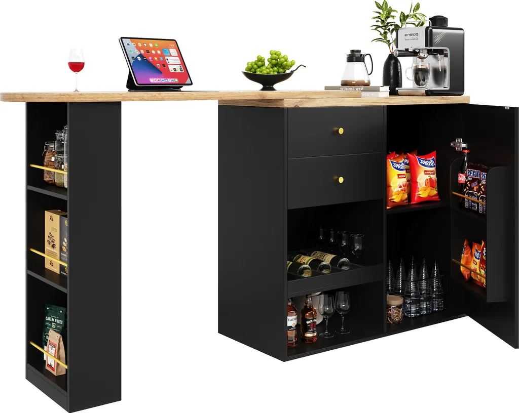 Abrihome Table de Bar Pivotante 360° Noire avec Rangement et Tiroirs